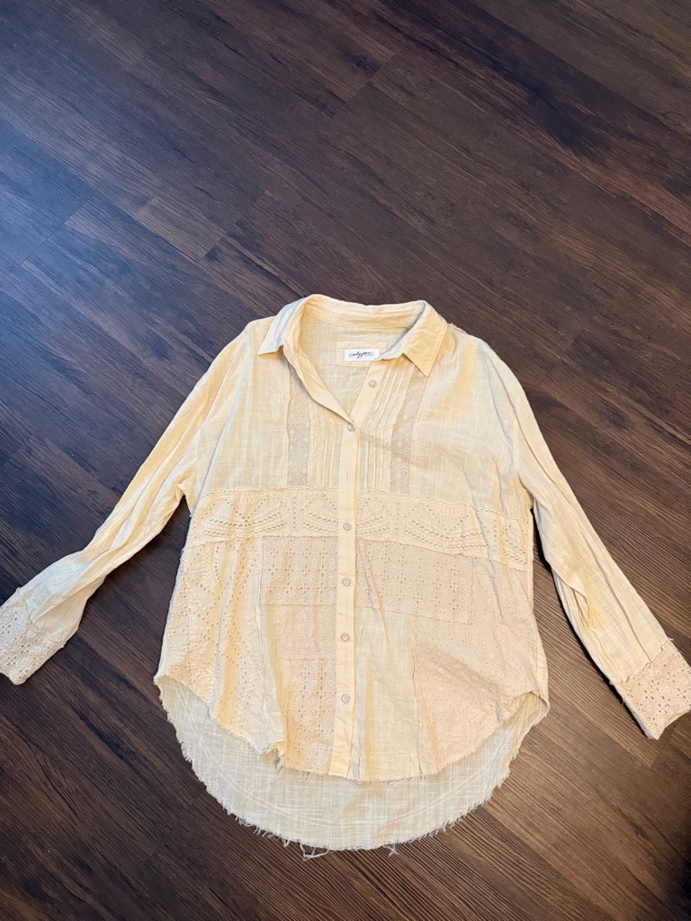 Carly Jean Los Angeles Pale Yellow Eyelet Pintuck Shirt